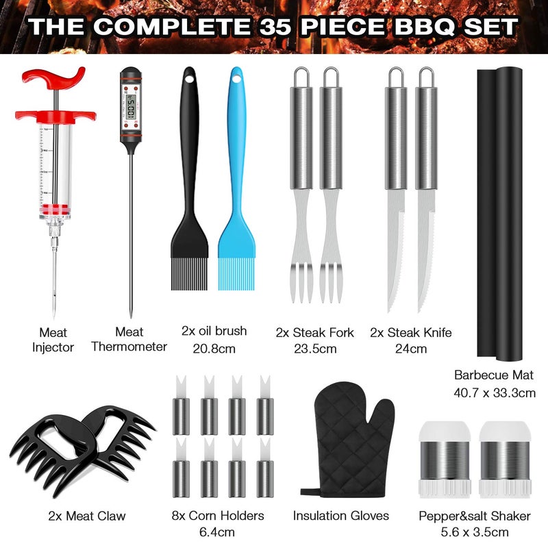 AISITIN 35Pcs BBQ Grill Grilling Accessories Tools Set, Premium Barbecue Tool Set with Thermometer, Steel Fork, Stainless Steel Tongs and Spatula, Meat Injector, Grill Mat, BBQ Tools for Grill Outdoor - Image 3